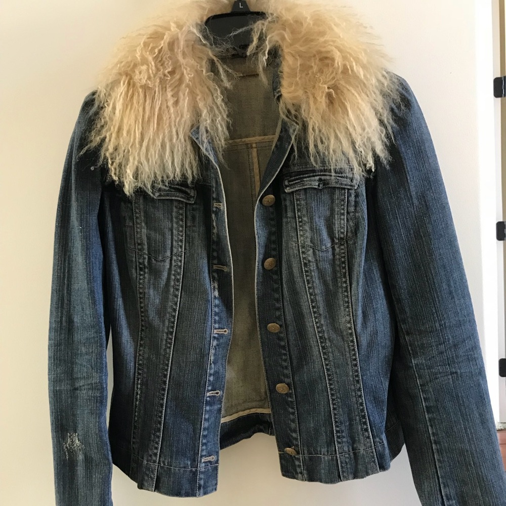 Elie Tahari jean jacket with curly fur trim
